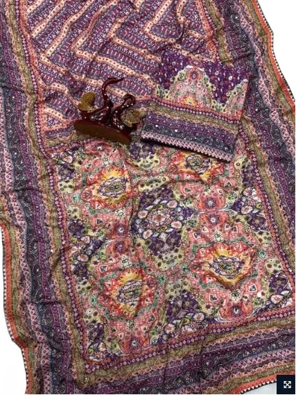 Image of Women's Chinon Silk Saree with Printed Design, Mirror Work & Zari Woven Detailing | Ethnic Wear Saree with Unstitched Blouse Piece | Traditional Festive & WeddingWear