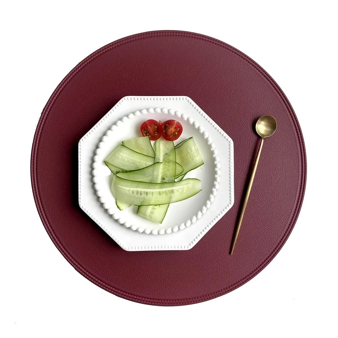 4 pcs Imitation Leather Placemat Coaster Pads PVC Round Plate Mat Edge Pressing Table Placemats for Kitchen Dining Table Decoration(Red)