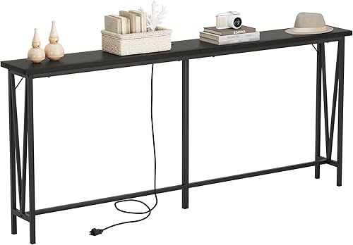 Mesas de sofá angostas largas, mesa consola de 72.8 pulgadas de largo para entrada, mesa dorada detrás del sofá con tomas, mesa de sofá con acabado