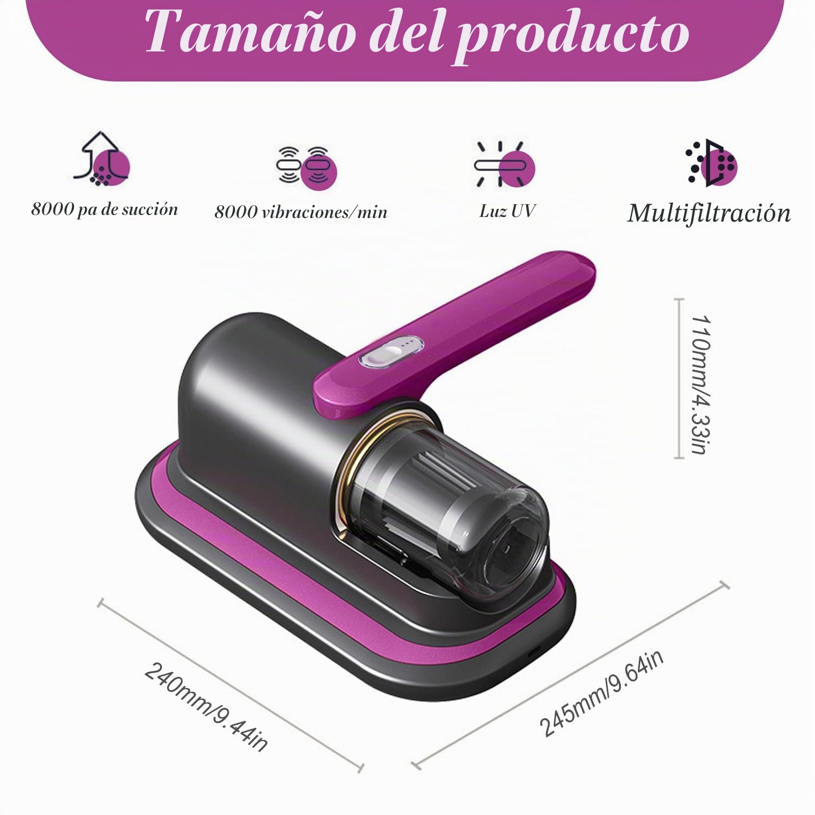 HAMON Aspirador de ácaros para colchones, 8000Pa Aspirador de polvo con luz UV, Aspirador inalámbrico para cama con contenedor de polvo continuo para colchones, sofá, almohadas, alfombras