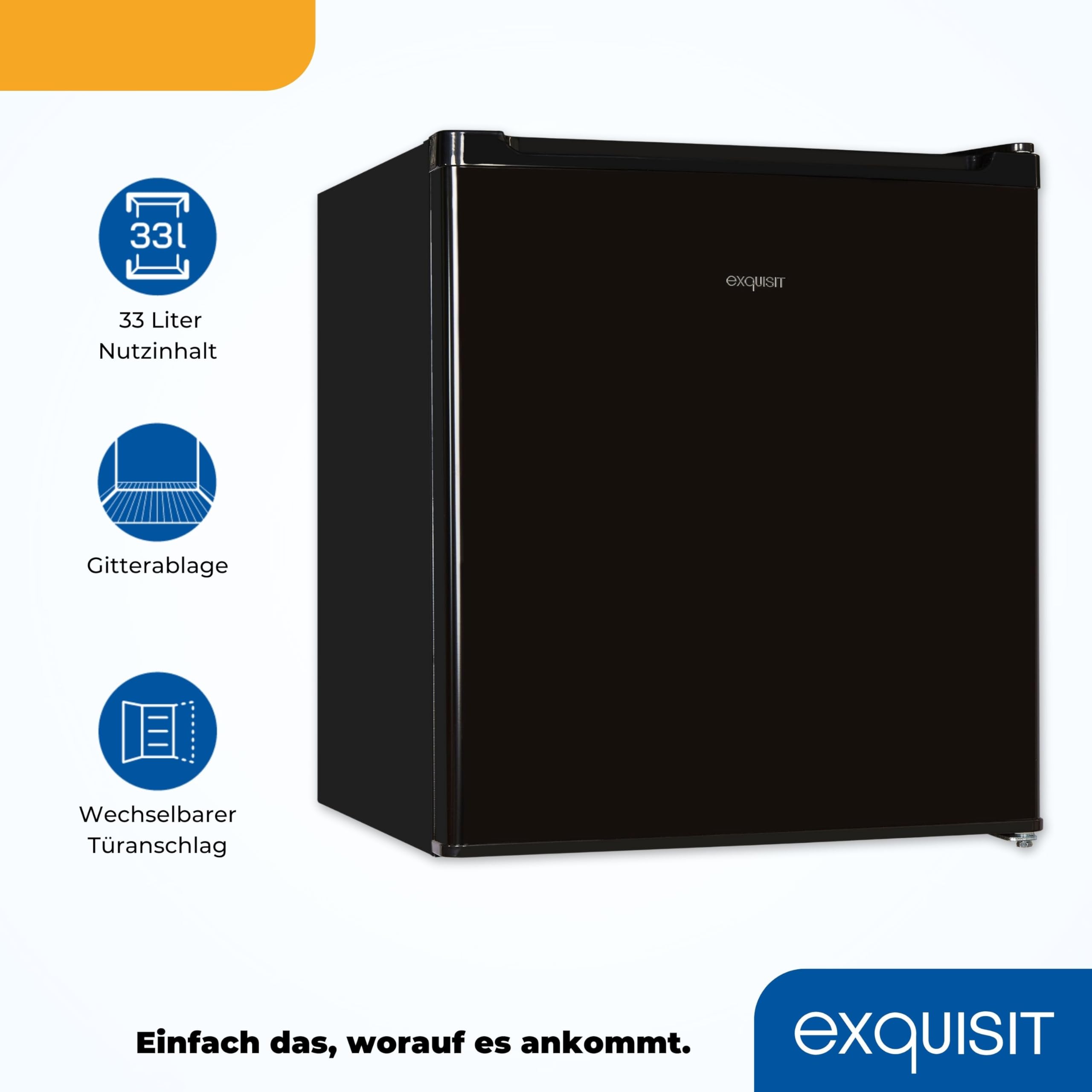 Exquisit Mini-Gefrierschrank GB05-040E - 33 l Gefrierbox in Schwarz | Kompakter Mini-Froster mit Gitterablage, -18 Grad Gefriertemperatur und wechselbarem Türanschlag für Büro oder Camping