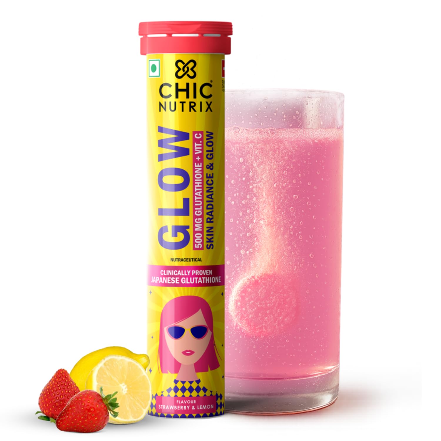 Chicnutrix Glow- 20 Effervescent Tablets| Japanese Glutathione & Vit. C| Antioxidants for clear, glowing skin| Sugar-free, Strawberry-lemon flavour