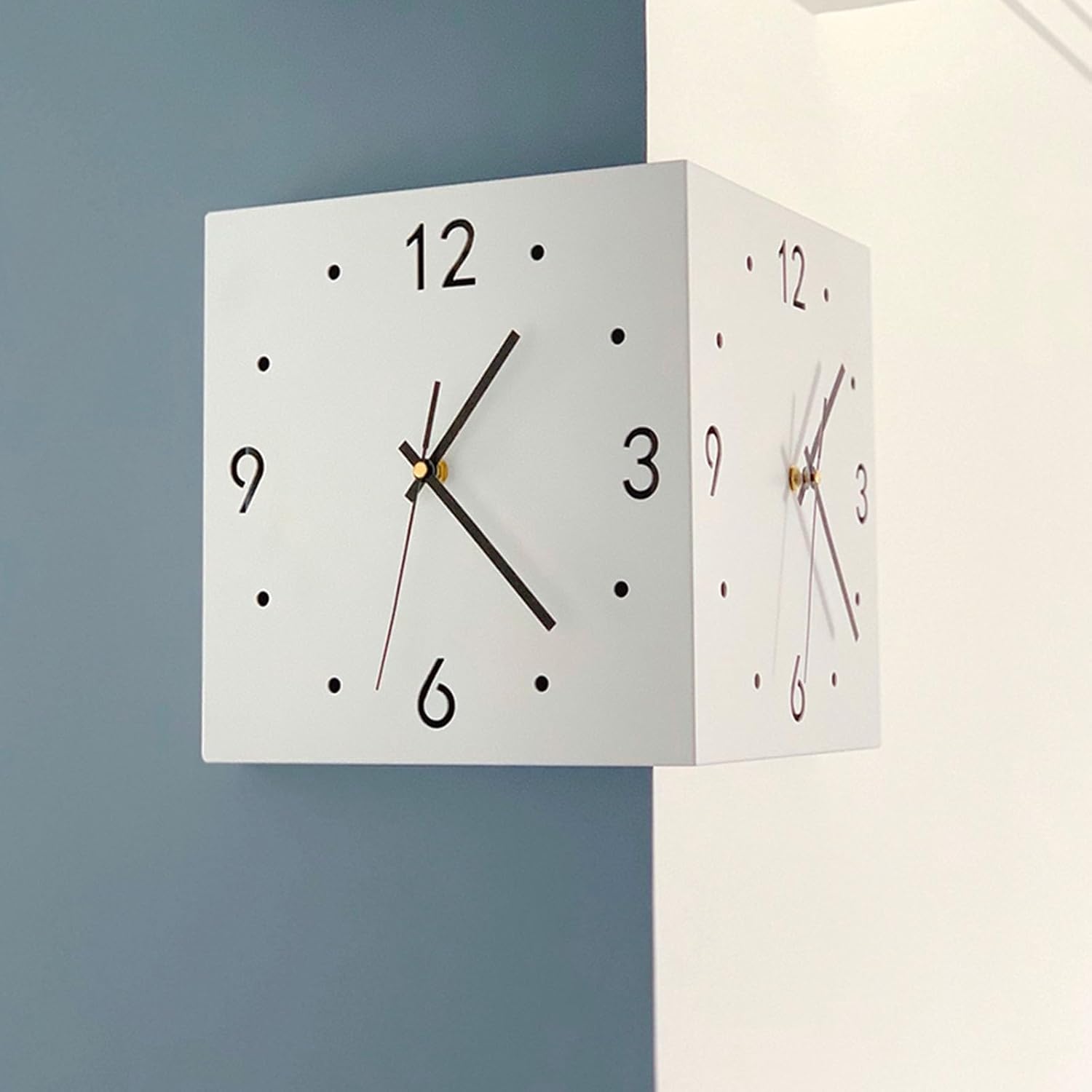 Operated Silent Square Wall Clock for Bedroom,art Double Sided Corner Wall Clock, 3D metal Corner Clock, Sensor Charging Luminous Corner Wall Clock with Numeral Scale，No need to punch holes.(White)