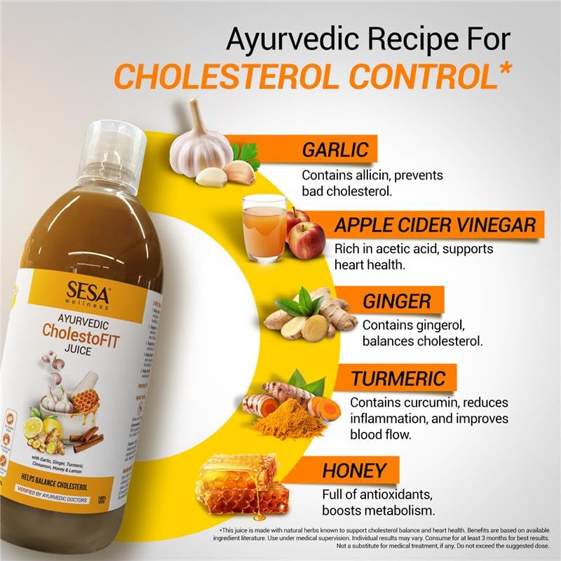 Image of SESA Ayurvedic CholestoFIT Juice - 1L | With Lemon, Honey, Garlic, Ginger & Apple Cider Vinegar | Supports Healthy Heart & Cholesterol Balance | 100% Ayurvedic & Sugar-Free