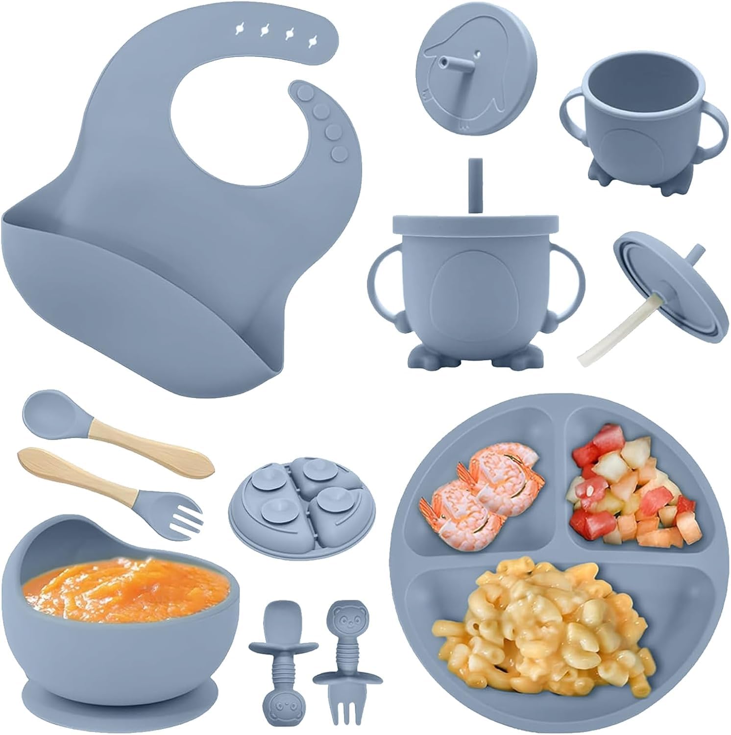 Assiette Bebe 8 pièces, Repas BéBé (Cuillère, Fourchette, Bol, Bavoir, Gobelet) | Bavoir Silicone Bebe Anti-chute, Sans BPA, Lavable au Lave Vaisselle, Bleu