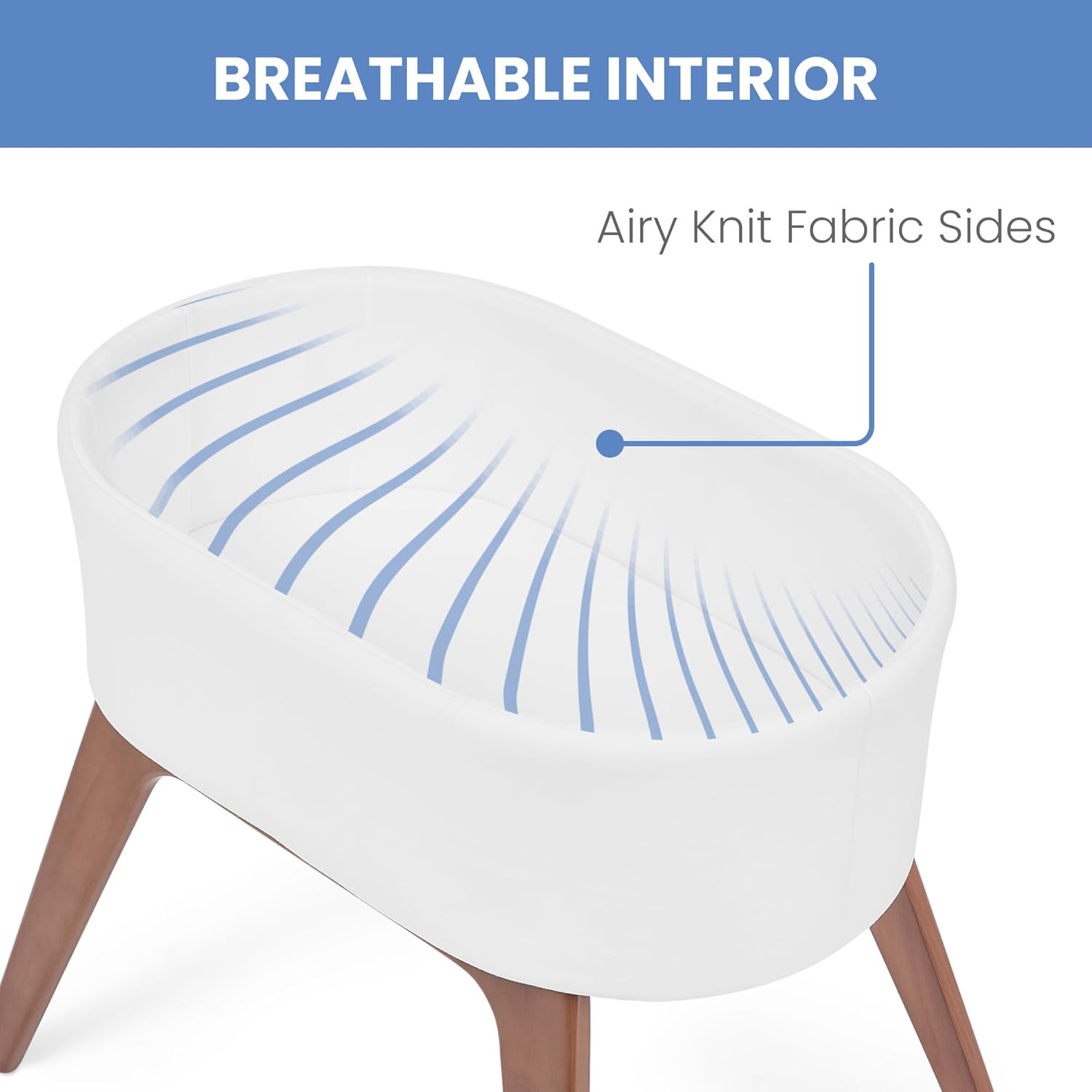 Delta Children Aero Bassinet - Portable Baby Crib with Solid Wood Legs, Organic GOTS Certified Performance Fabric Exterior, Breathable Interior, Includes Mattress Pad & Fitted Sheet, White