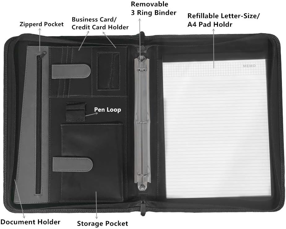 NuVision Zippered Padfolio 3 Ring Binder, Notebook for Work, Business Planner and Organizers, Padfolio with Handle, 8 ½ x 11” Writing Pad, PU Leather Folder, Professional Business Documents Portfolio