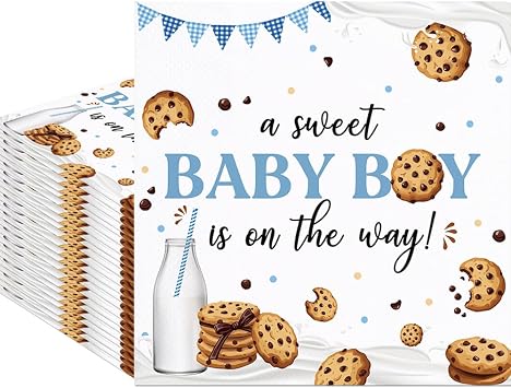 80Pcs Cookie Baby Shower Paper Napkins A Sweet Baby Boy is On The Way Disposable Napkin Cookie and Milk Printed Decorative Napkins Party Supplies Table Decor