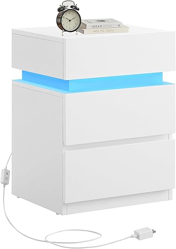 VASAGLE Mesita de noche con luces LED, colores de luz ajustables, mesa de noche, mesa auxiliar con 3 cajones, estilo moderno, 13.8 x 15.7 x 21.7