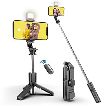 Selfie Stick with LED Light for Selfies and Detachable Wireless Bluetooth Remote for Photos Selfie Stick Tripod Stand Mobile Selfie Stick (Pack of 1, Black)