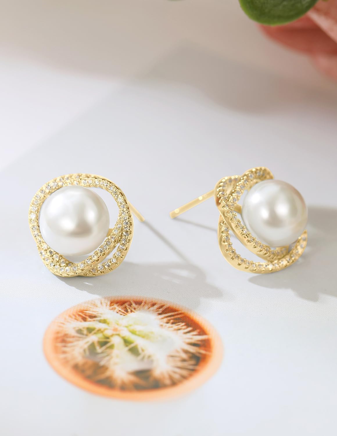 14K Gold Plated Shell Pearl Rhinestone Stud Earrings for Women Jewelry - Image 7