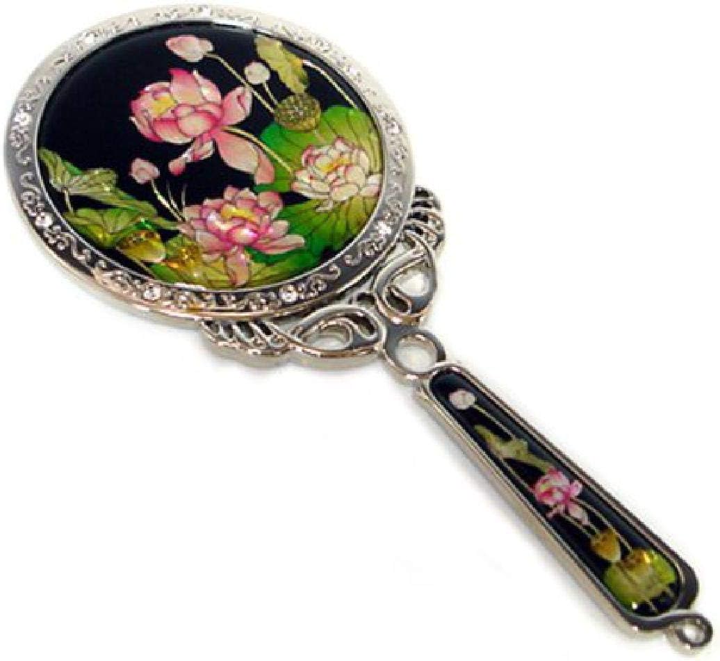 Mother of Pearl Design 2-Sided 2X/1X Magnification Compact Mirror, Pocket Travel Makeup Mirror, Small Metal Portable Handheld Cosmetic Mirror for Purses, Gift for Mom Women (Princess Lotus)