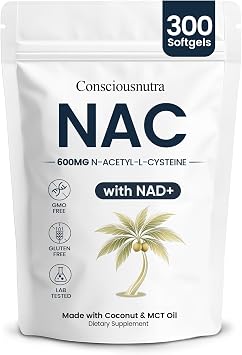 NAC 600mg & NAD Daily Complex with Coconut Oil & N-Acetyl Cysteine for Antioxidant & Immune Support, Vegan, Non-GMO, Gluten Free, 300 Softgels