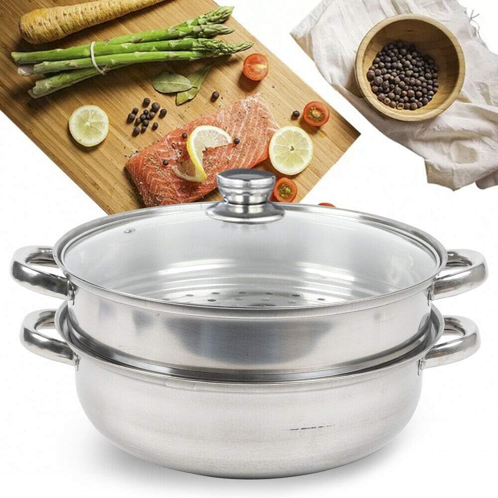 Food Steamer 2-Tier Stainless Steel Steamer Double Layer 10.83 inch Diameter Stackable Steamer and Flat Boil Pot Set-1 Cooking Pot, 1 Steamer Insert and Vented Glass Lid