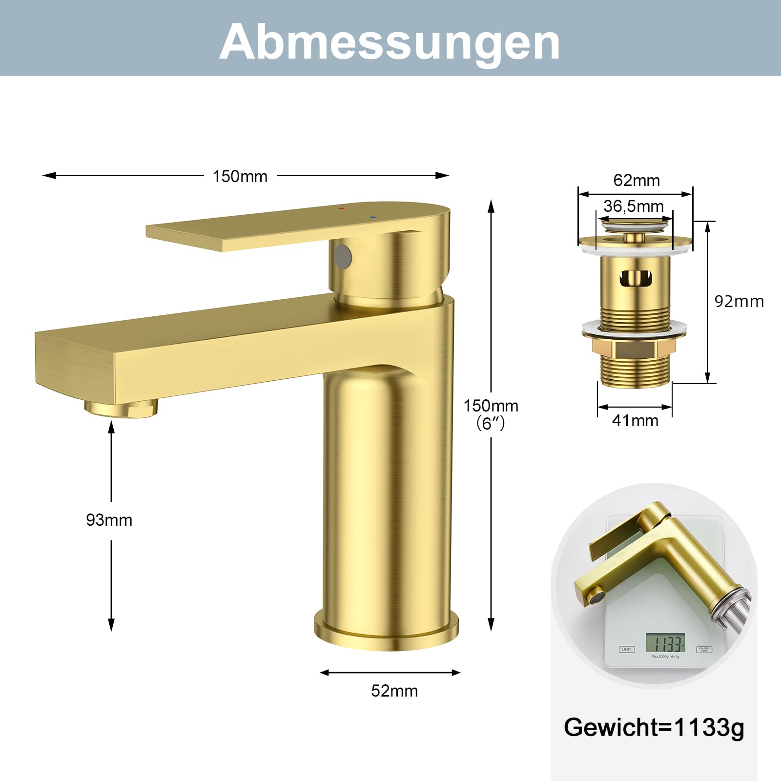 Waschtischarmatur für Badezimmer eckig, Hochdruck Einhebelmischer Armatur Wasserhahn für Waschbecken Bad W.C mit Pop-Up Ablaufgarnitur aus Edelstahl in gebürstetes gold