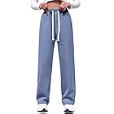 Wide Leg Jeans Woman Elastic Waist Baggy Drawstring Pull On Trouser Jeans High Waisted Stretchy Straight Leg Denim Pants