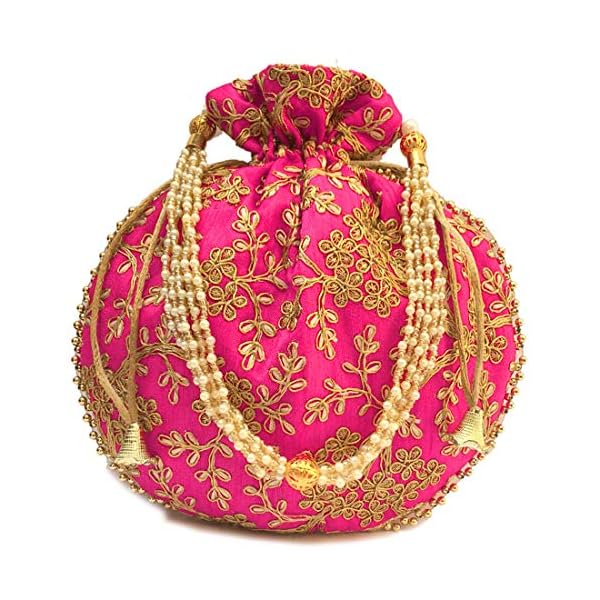Indian Ethnic Designer Embroidered Silk Potli Bag Batwa Pearls Handle Purse Clutch Purse for Women Evening Party (Rani Color)