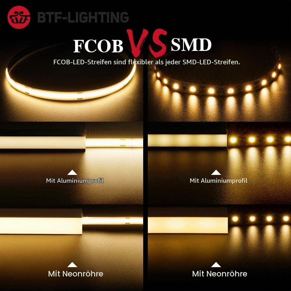 BTF-LIGHTING FCOB COB Warmes Weiß 3000K Flexibel Hohe Dichte Licht dimmbare LED-Streifen CRI90 + 10M 528LEDs/m DC24V 14W/M 10mm Breite biegsam FOB LED-Band für DIY Innenbeleuchtung Projekte