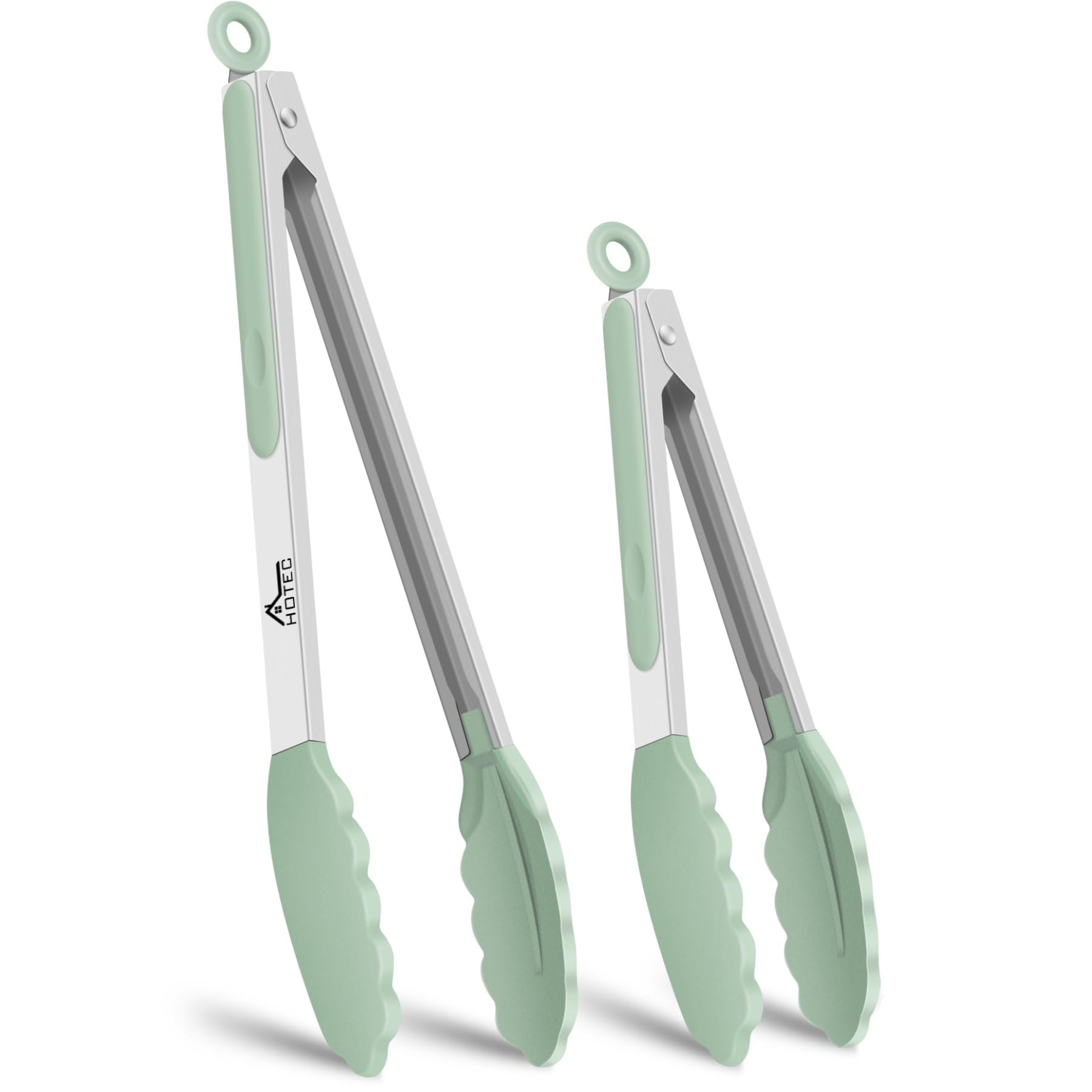 HOTEC Premium 7 & 9 Inch Kitchen Tongs, Stainless Steel Locking Cooking Tongs with Silicone Tips, Non-Scratch & Heat Resistant, Serving Tongs for Salad, BBQ, Light Green, Set of 2