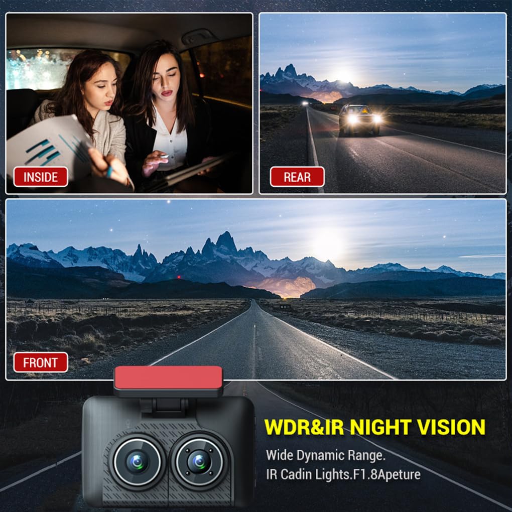 Dashcam per auto con 3 lenti e 3 Per canali, anteriore e posteriore, registrazione video HD 1080P, sensore G per parcheggio, registrazione in loop,