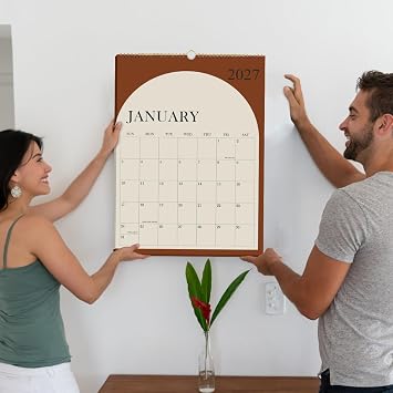 Calendar 2026-2027 - 18 Months Wall Calendar from July 2026 - December 2027, 2026-27 Wall Hanging Calendar Planner with Thick Paper, 12 x 14.5, Beige