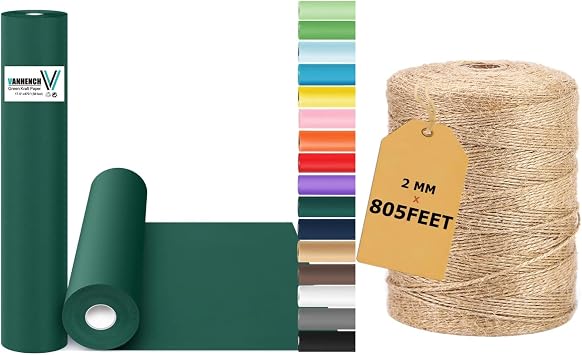 Vanhench Green Wrapping Paper & Natural Jute Twine String, Perfect for Wedding,Valentines Day,Birthday, Christmas,Baby Shower,DIY Bouquet
