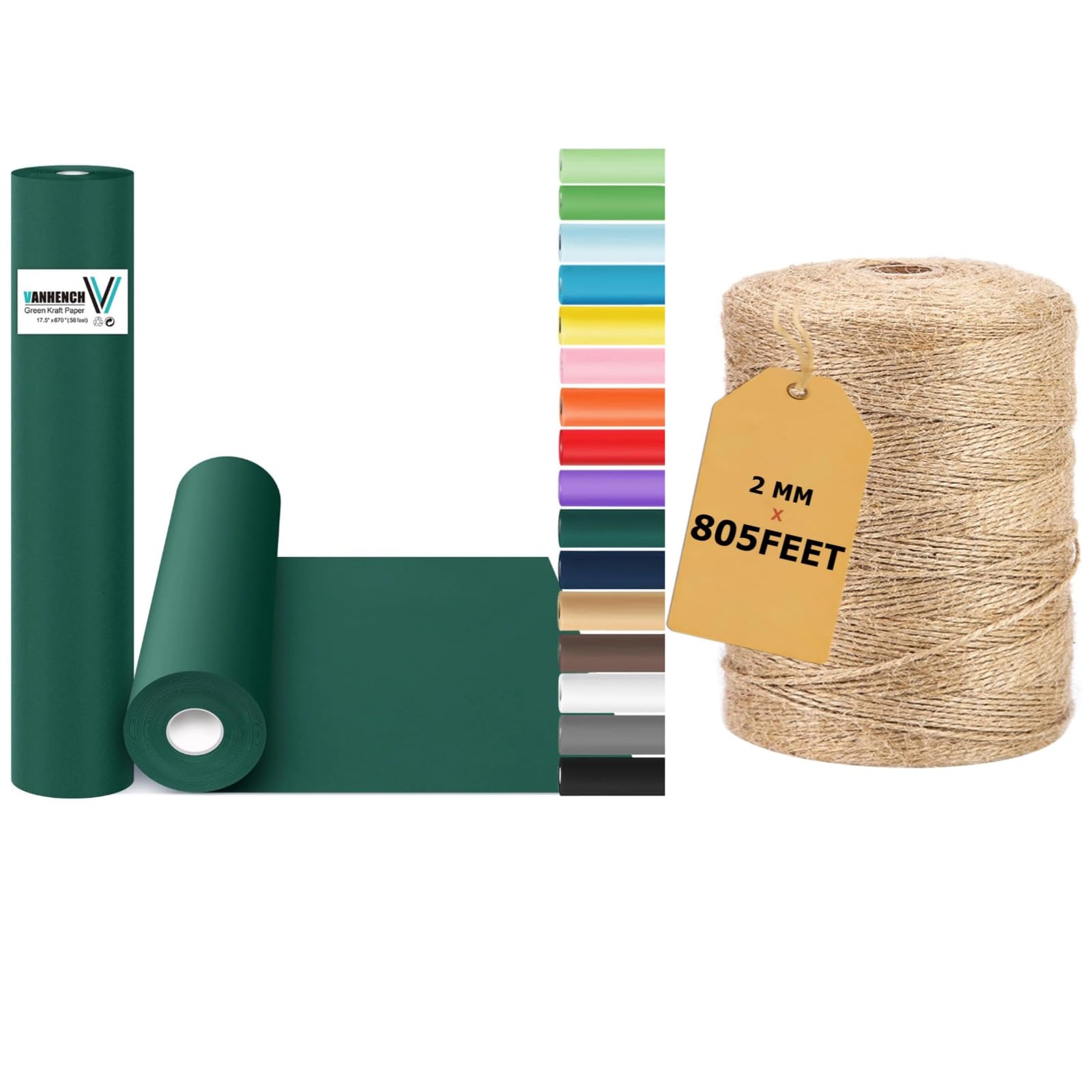 Vanhench Green Wrapping Paper & Natural Jute Twine String, Perfect for Wedding,Valentine's Day,Birthday, Christmas,Baby Shower,DIY Bouquet