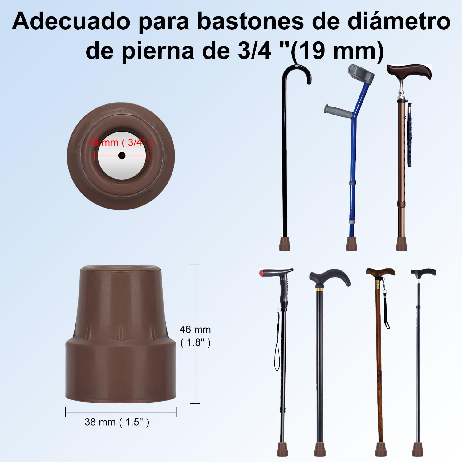 supregear Puntas de Goma (Paquete de 4), Puntas de 19 mm Antideslizantes con Insertos de Metal Accesorios para Bastón de Caminar, Marrón