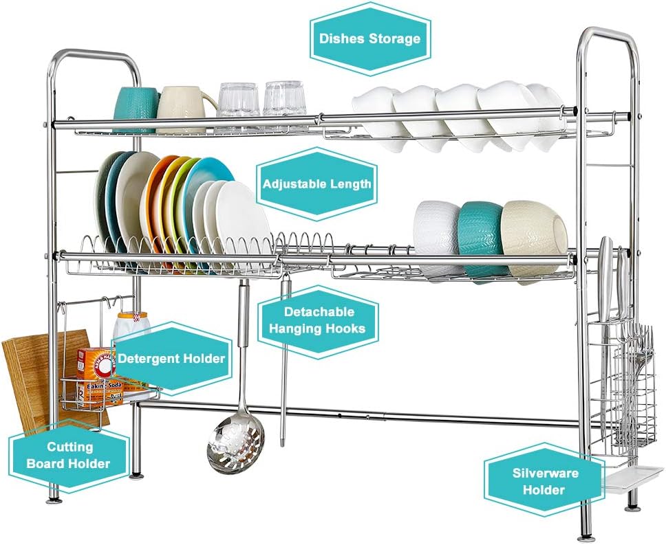 HAITRAL NEX Over The Sink Dish Drying Rack 2 Tier Large Kitchen Space Saver, Length Adjustable, Silver