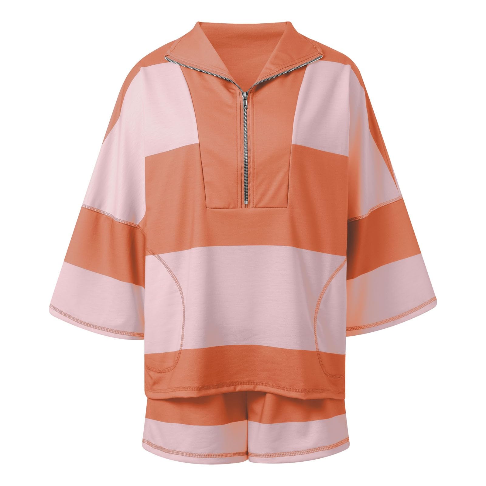 Generisch Survêtement d'été 2 pièces pour femme - Court - Couleur unie - Tenue de détente - Ensemble de vacances - Élégant et décontracté - Survêtement léger à manches courtes et short avec poches