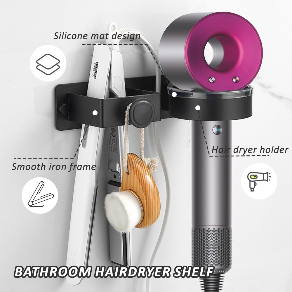 Supporto Phon e Piastra Senza Foratura, Porta Piastra per Capelli, Senza Foratura Porta Phon da Parete per Camere da Letto e Barbiere, Nero