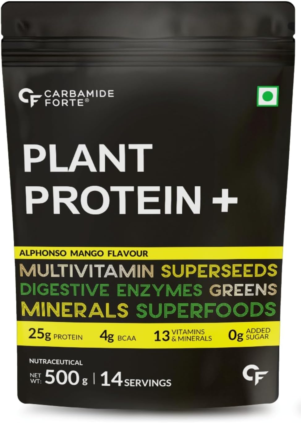 Vegan Protein Powder - Plant Based Protein Powder with Multivitamin, Minerals, Superfoods, Pea Protein, Digestive Enzymes | Plant Protein Powder - Alphonso Mango Flavour - 500g
