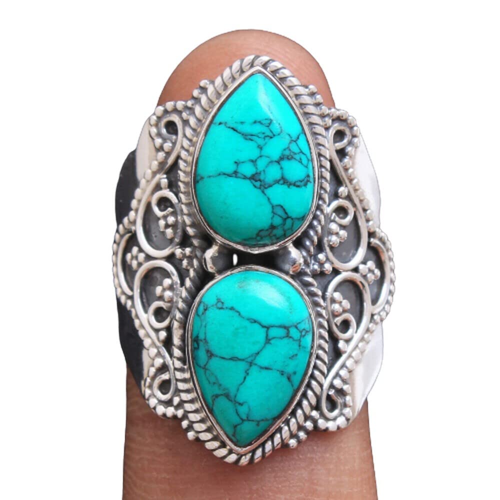 Türkis 925 Sterling Silber Ringe für Frauen, Türkis Brautjungfernringe, Birnen-Edelsteinringe, 2-Stein-Ringe, Lünette Set, handgefertigte Ringe, Muttertagsgeschenk