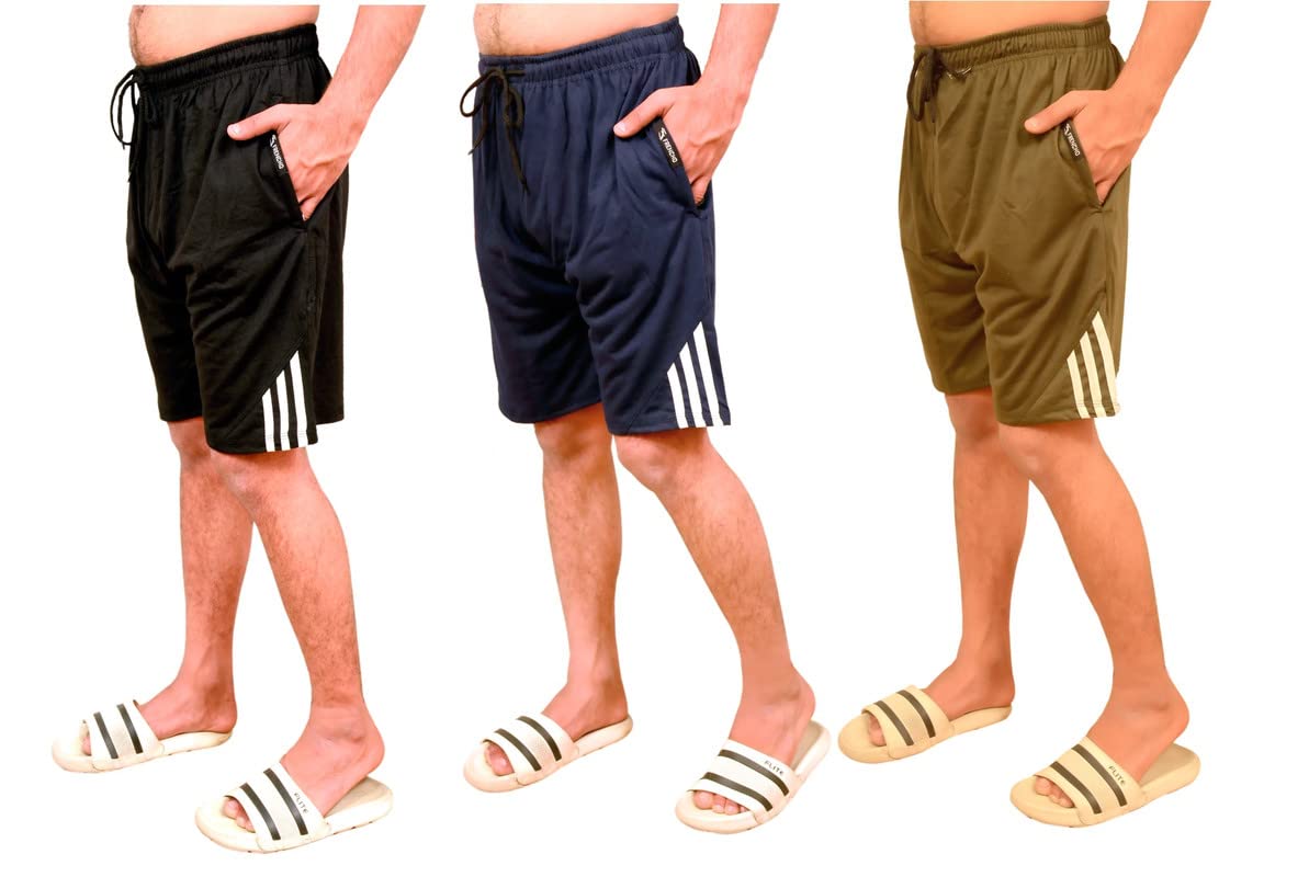 brats n beauty Mens Stylish Solid Shorts with Stripe & 2 Zipper Pockets Bermuda for Gym,Running,Night Wear, Casual Wear - XXL Size - 1Blue+1Green+1 Black-picture-41