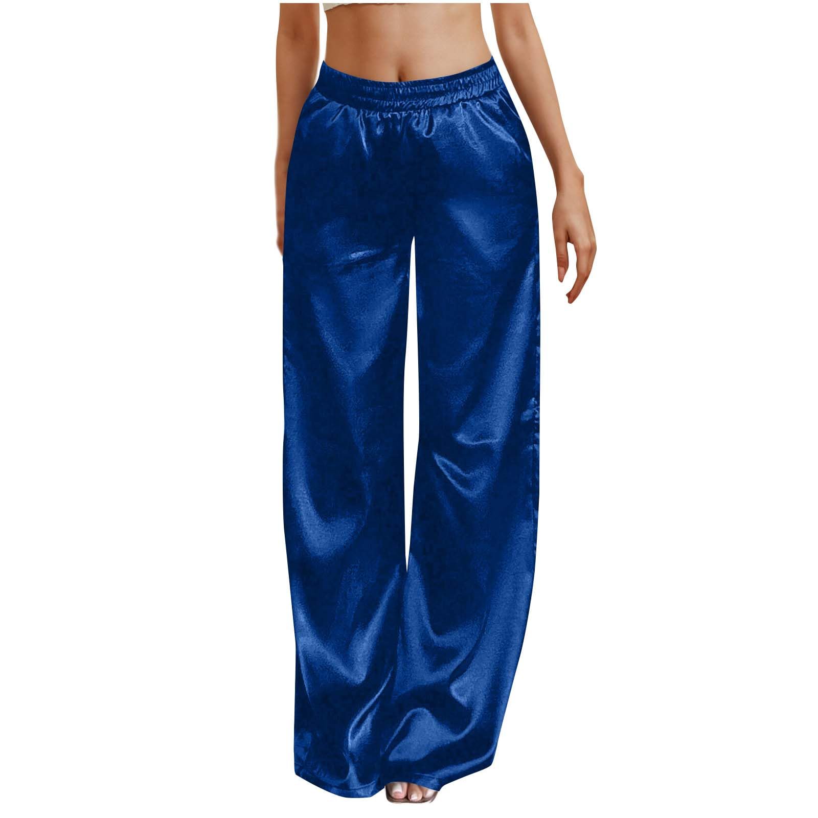 Women's Casual Wide Leg Pants Satin Loose Elastic Waist Lounge Pants Summer Trendy Solid Color Trousers with Pockets