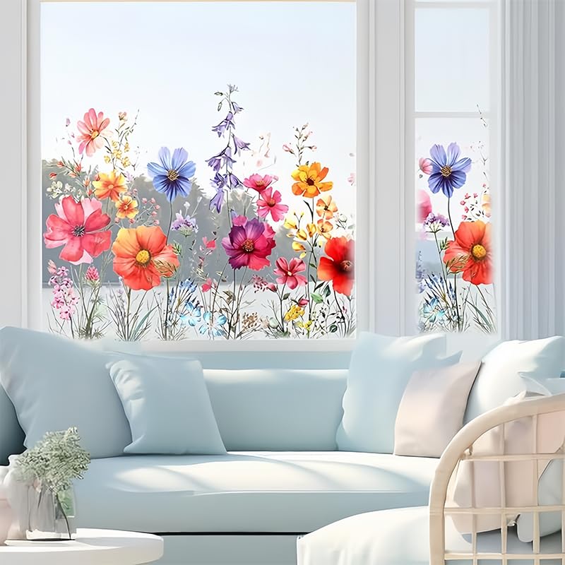 Flower Wall Decor Living Room Boho Decor, Removable Peel and Stick Colorful Flower Stickers for Window Clings, Floral Wallpaper Wall Decals Art for Bedroom Bathroom, Multicolor — view 6