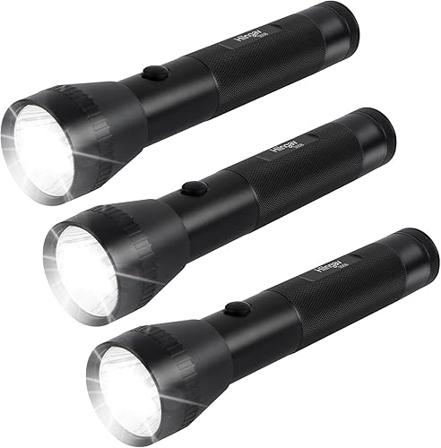 Hilngav Paquete de 3 linternas LED grandes de batería de 2 celdas D resistentes, lúmenes altos, modo único, aluminio, linterna de metal resistente