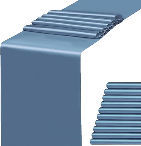 Camino de mesa azul polvoriento, paquete de 10 caminos de mesa de satén de 12 x 108 pulgadas de largo para bodas, fiestas, cumpleaños, reuniones,