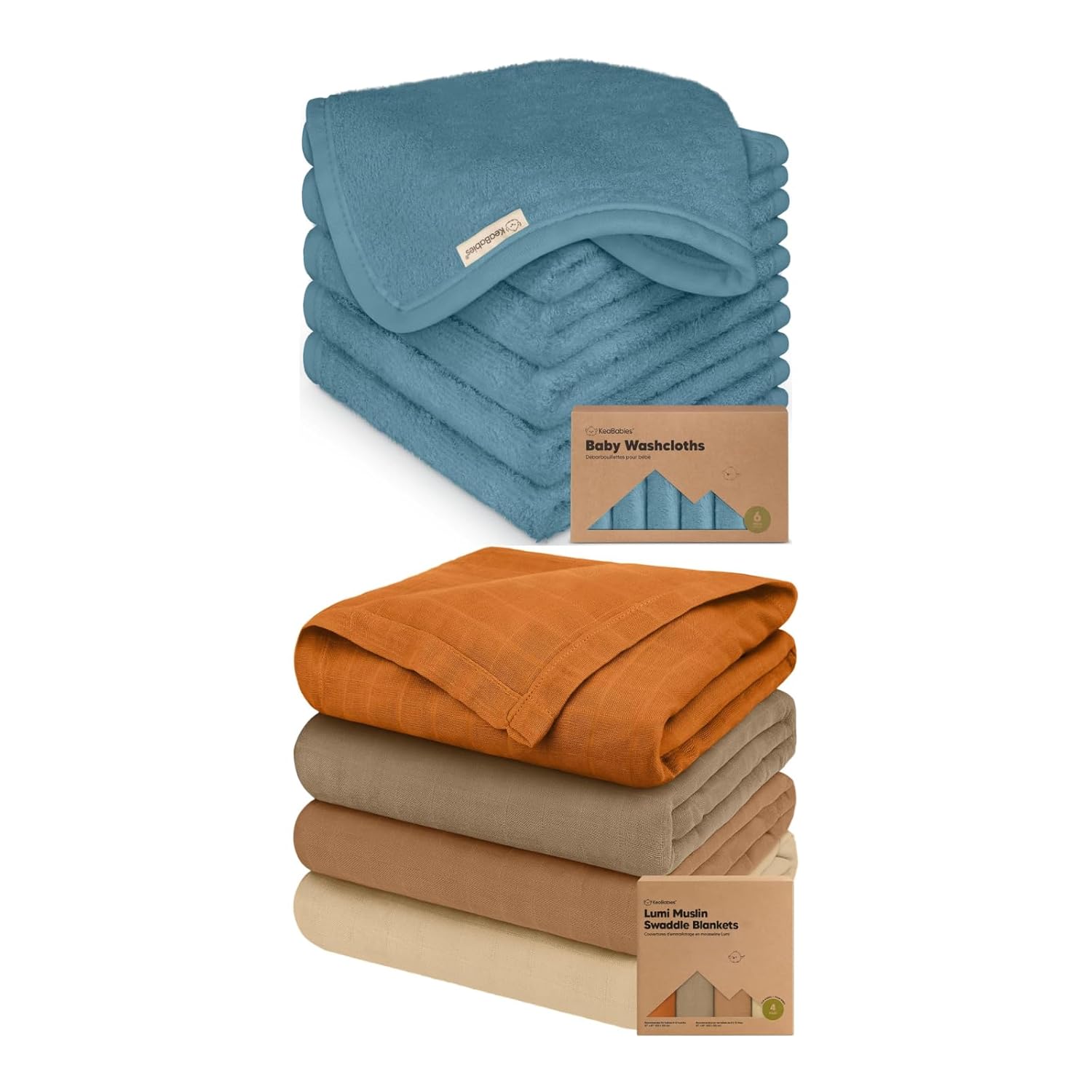 KeaBabies Baby Washcloths for Newborn, Kids and 4-Pack Muslin Swaddle Blankets for Baby Boys, Girls - Soft, Absorbent Bath Cloth and Face Washcloths - Newborn Receiving Blanket