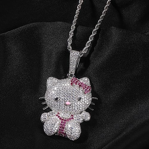 Sparkly Blingy 24-inch Rope Chain Iced-Out Cute Lovely Kitten Charm Pendant Necklace4