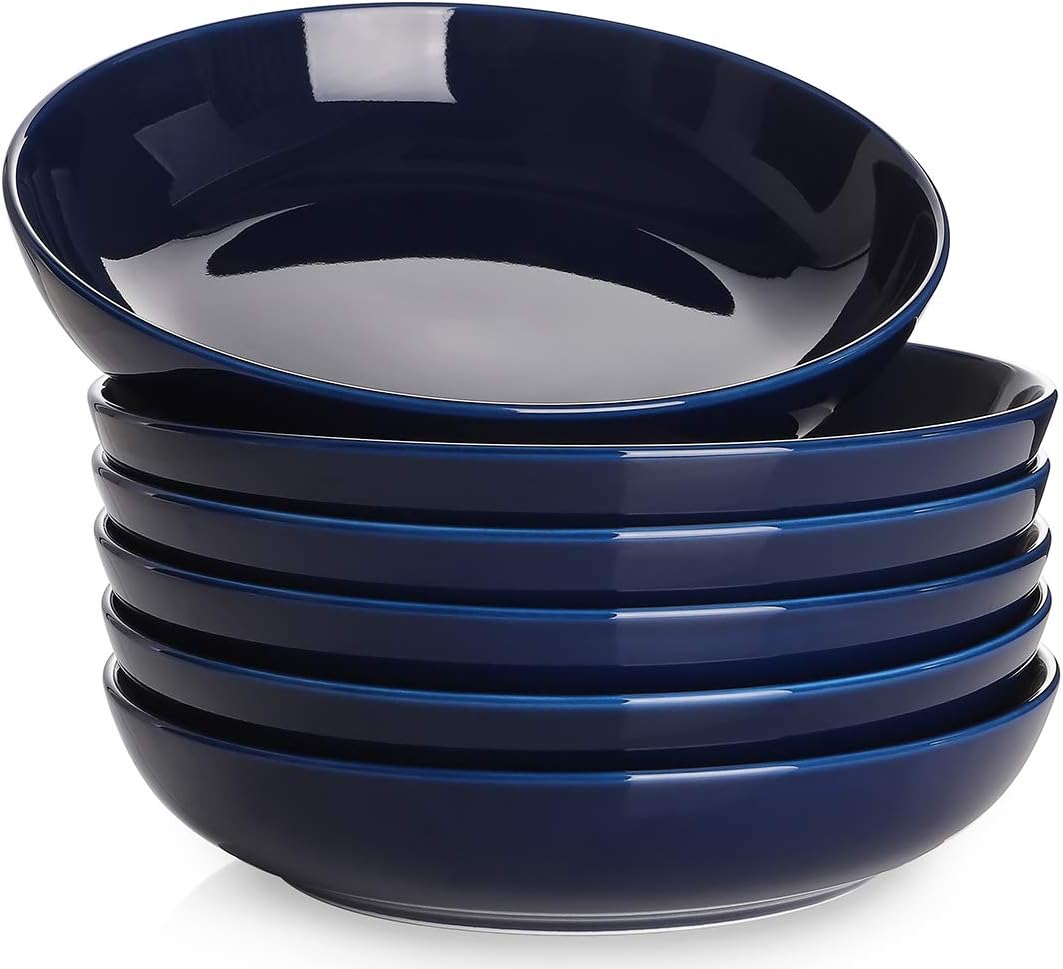 Y YHY 8.5'' Pasta Bowls Set of 6, 30oz Large Porcelain Salad Bowl & Soup Plate, Plates Wide & Shallow Bowls, Serving Dishes for Salad, Pasta, Soup, Fruit, Microwave & Dishwasher Safe, Blue