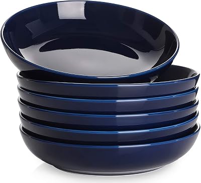 Y YHY 30 Ounces Porcelain Pasta, Salad, Soup Bowls, Large Serving Bowl Set, Wide and Flat, Set of 6, Blue