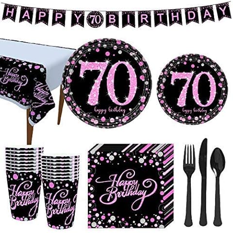 Happy 70th Birthday Pink Gold Party Supplies Set For Women,Disposable Dinnerware Pack For Anniversary,16 Guest,Include Plates,12 OZ Cups Napkins Tablecloth Banner Cutlery Cover