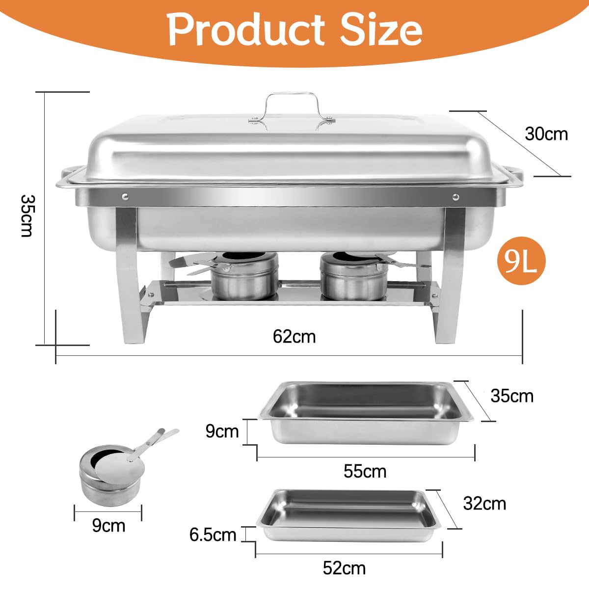 Scaldavivande per Buffet in Acciaio Inox, 9L Chafing Dish Catering Buffet Set con Pinze e Cucchiai per Party, Feste, Matrimoni, Banchetti (4 pezzi, 4 x GN 1/1)
