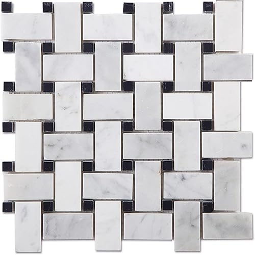 Diflart Mosaico de mármol, blanco Carrara, tejido de canasta de 1 x 2 pulgadas, pulido, azulejos de mármol para cocina, baño, pared, paquete de 5
