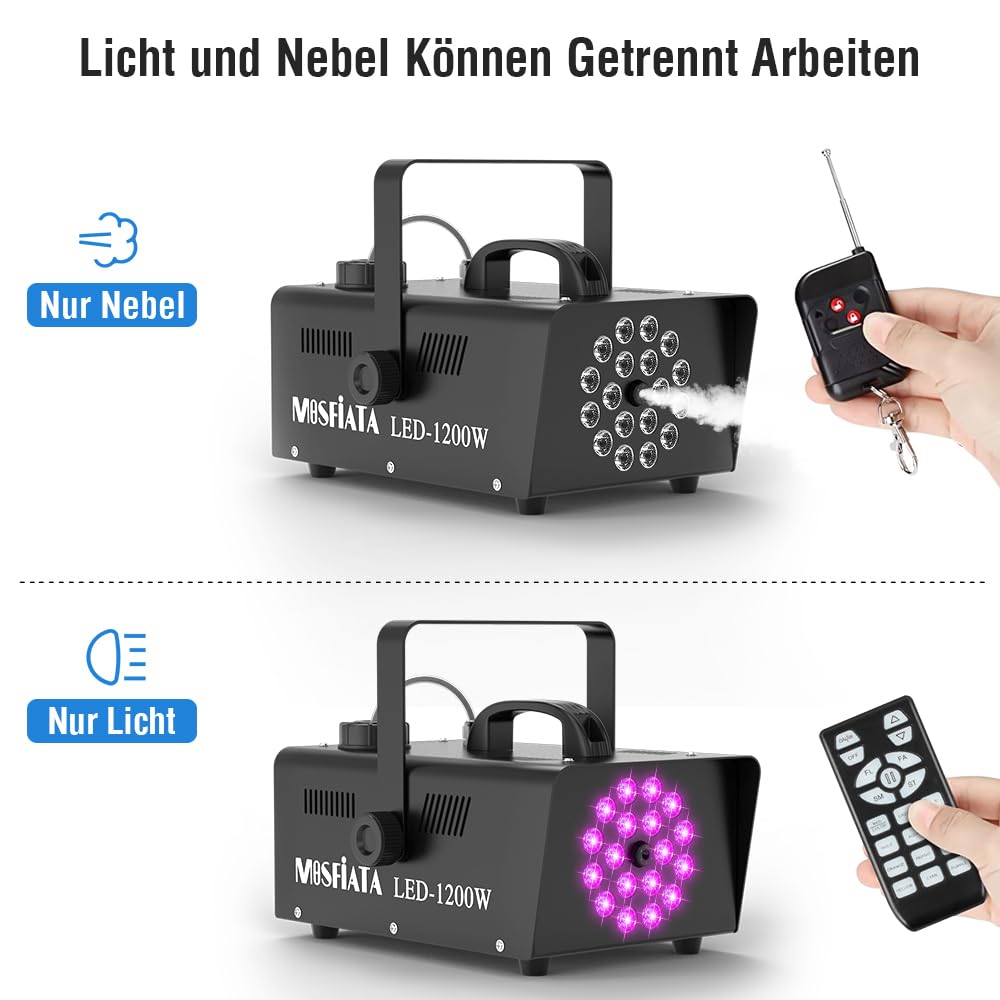 Nebelmaschine, 1200W Rauchmaschine mit 18 RGB-LEDs für Partys, Geburtstage, Halloween, Disco, DJ Bühneneffekt