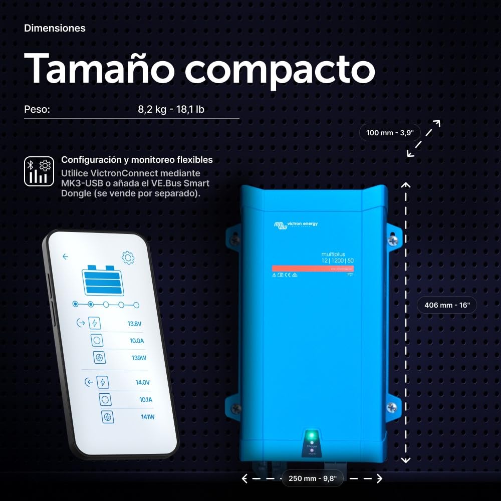 Victron Energy MultiPlus 1200VA 12-Voltios 230V Inversor de Onda sinusoidal Pura 50 amperios Cargador de batería