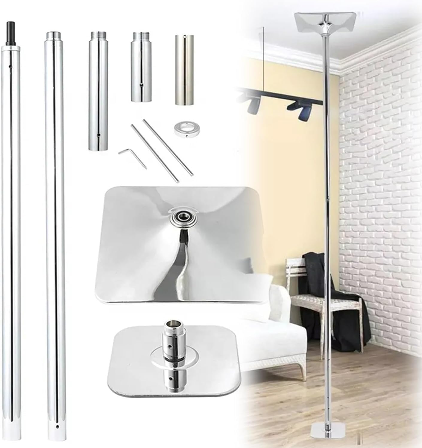 AYCDL Pole Dancing Pole for Home Static Dancing Pole Portable Removable Pole, 2.3m-3.8m Adjustable Height, Fitness Pole Set for Home Training Club Party, 440lb Weight,Silver-3.2M-3.7M/10.5ft-12.2ft