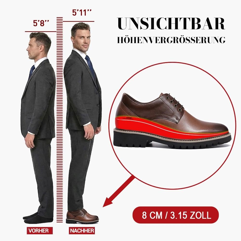 CHAMARIPA Scarpe Rialzate Uomo 8 cm Aumento Altezza Invisibile, Derby Elegante a Punta Tonda in Pelle Pieno Fiore, Marrone 40EU
