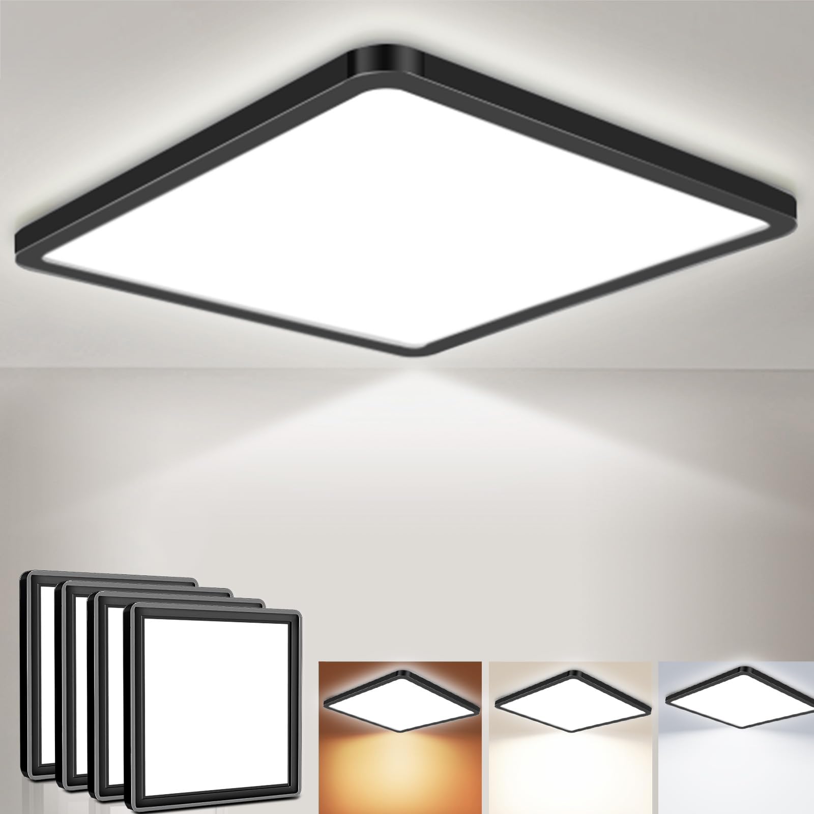 Fynokst LED Deckenleuchte 18W 6000K/4000K/3000K, 2100LM IP54 Ultra Dünn Deckenlampe, Flach Quadrat Modern Badezimmer Lampe Küchenlampe für Flur Schlafzimmer Balkon Wohnzimmer Ø23CM, Schwarz 4Stücke